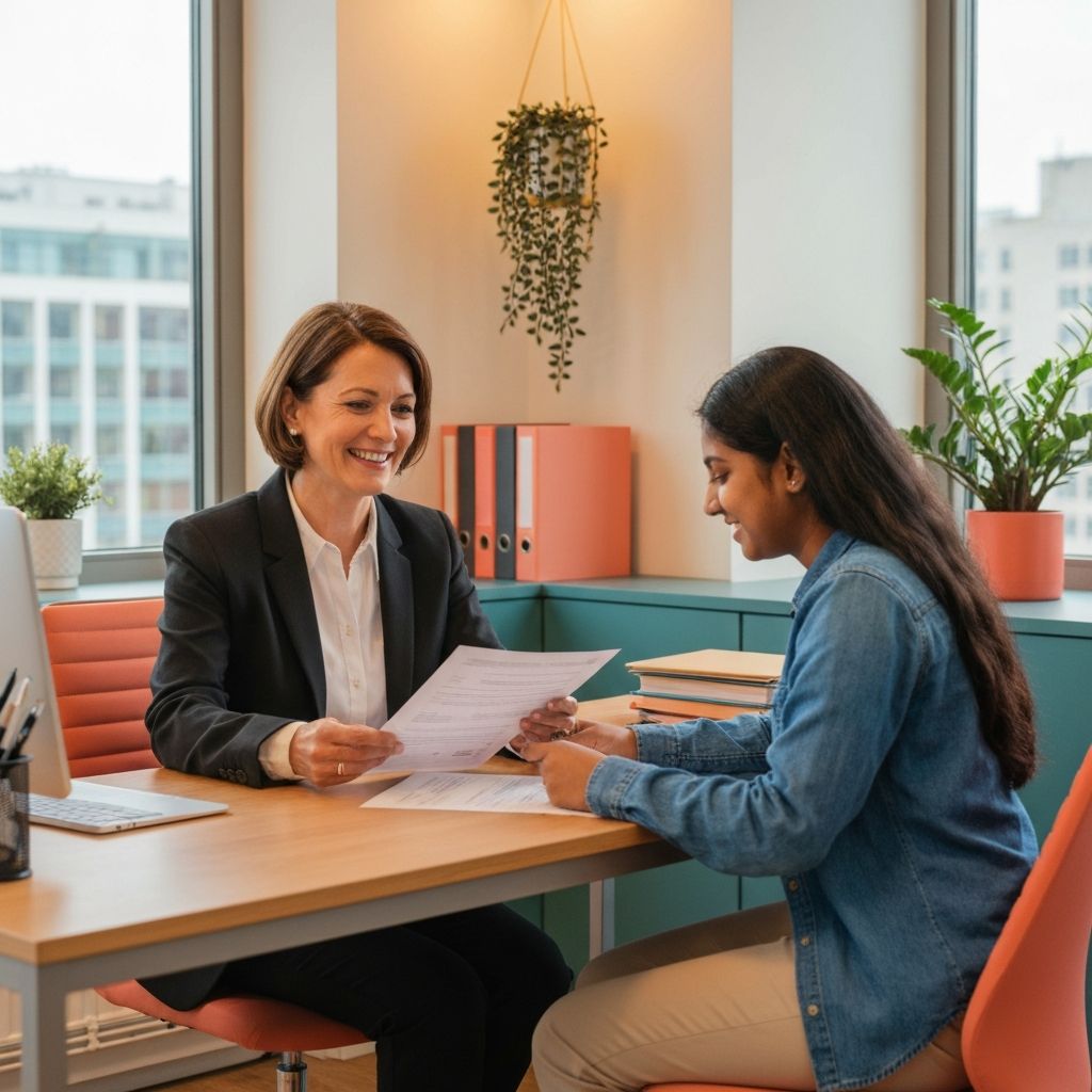 Consultant helping a student organize paperwork